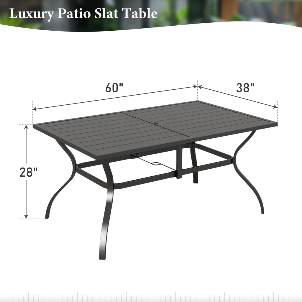 2026 NewMF Studio 6-Person Outdoor Rectangular Metal Dining Table with Umbrella Hole, All-Weather Resistance Patio Table, Black