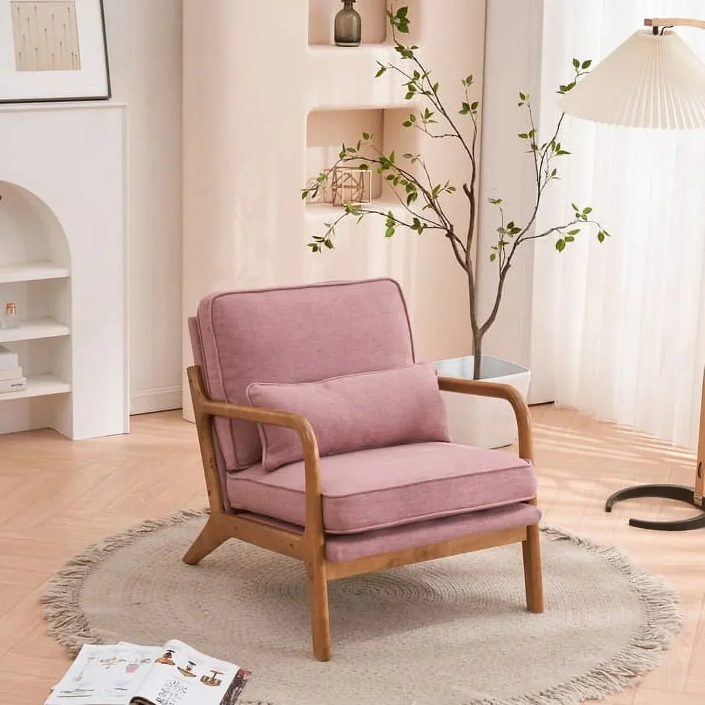2026 NewAccent Chairs, Single Linen Lounge Reading Armchair with Solid Wood Frame, Mid Century Modern Easy Assembly Arm Chairs for Living Room-Beige