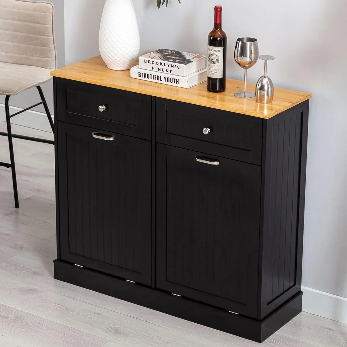 2026 NewHlivelood Double Trash Cabinet Tilt Out 20 Gallon, Pet Proof Kitchen Trash Cabinet Laundry Hamper with Cutting Board, Wood Garbage Recycling Station Hideaway Trash Holder Drawers