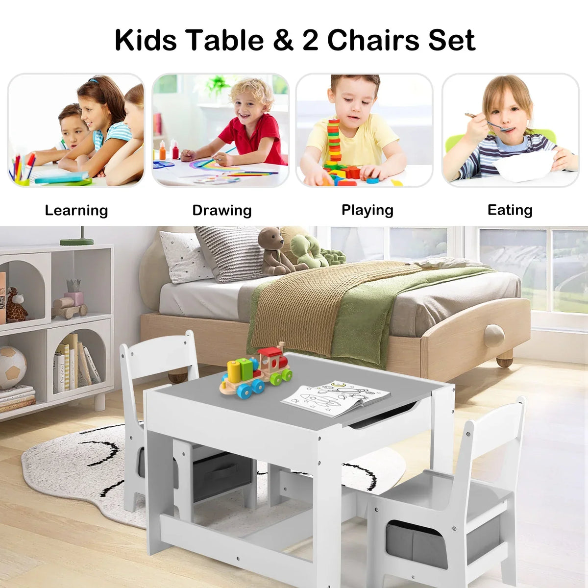2026 NewLINLUX Kids Table and 2 Chairs Set, Children Activity Table Chairs with Chalkboard/Whiteboard, Grey