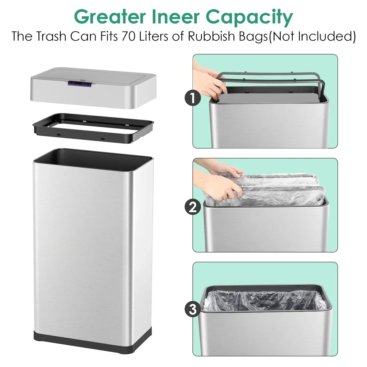 2026 NewLAZY BUDDY 60 Liter / 16 Gallon Stainless Steel Motion Sensor Trash Can for Kitchen, Bathroom, Rectangular