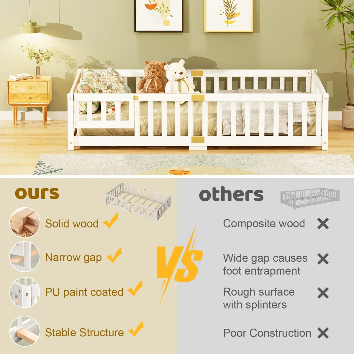2026 NewSlsy Twin Size Toddler Floor Bed, Solid Wood Montessori Bed Frame with Fence & Door Montessori Floor Bed Crib with Safety Guardrails for Girls and Boys