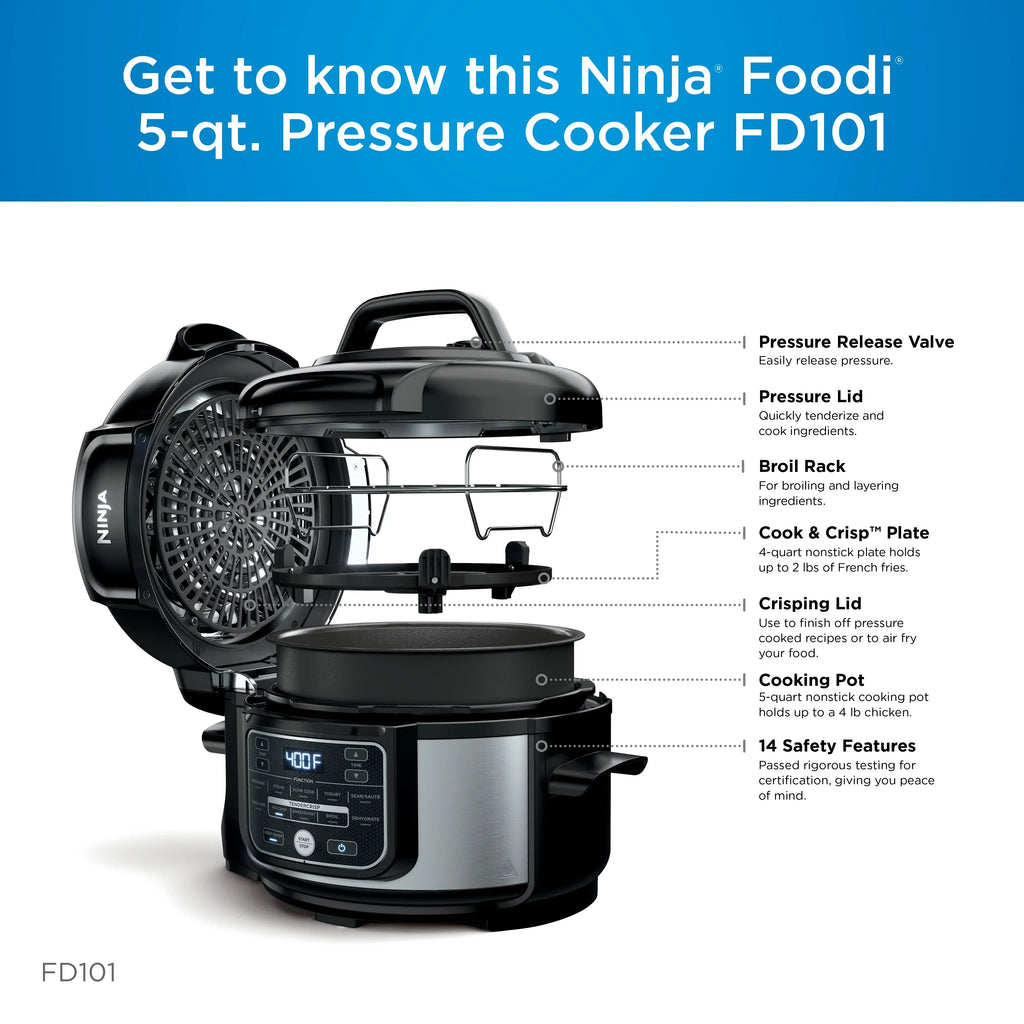 2026 NewNinja Foodi 10-in-1 5 Qt Pressure Cooker, Steamer, Bake, Broil, Dehydrate, Air Fryer, Non-Stick, FD101 Stainless Steel