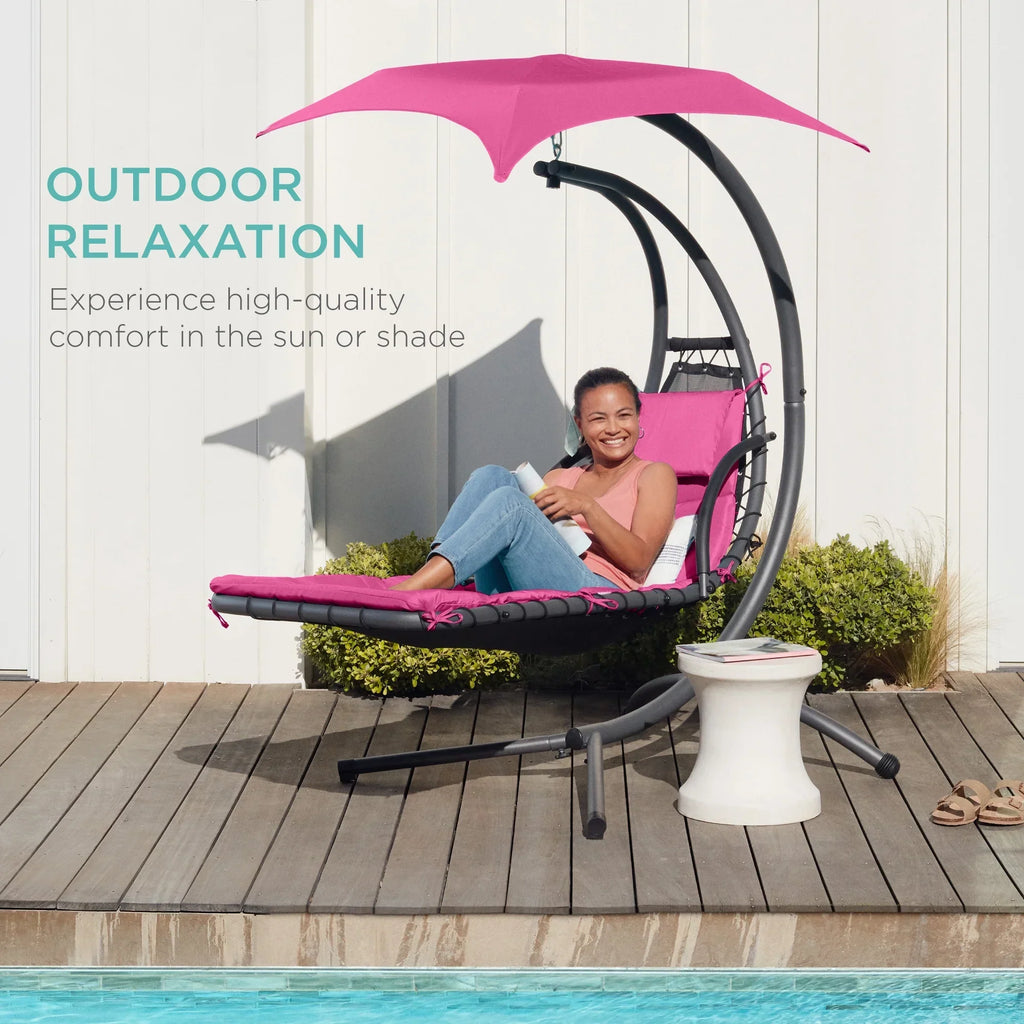 2026 NewBest Choice Products Hanging Curved Chaise Lounge Chair Swing for Backyard, Patio w/ Pillow, Shade, Stand - Teal