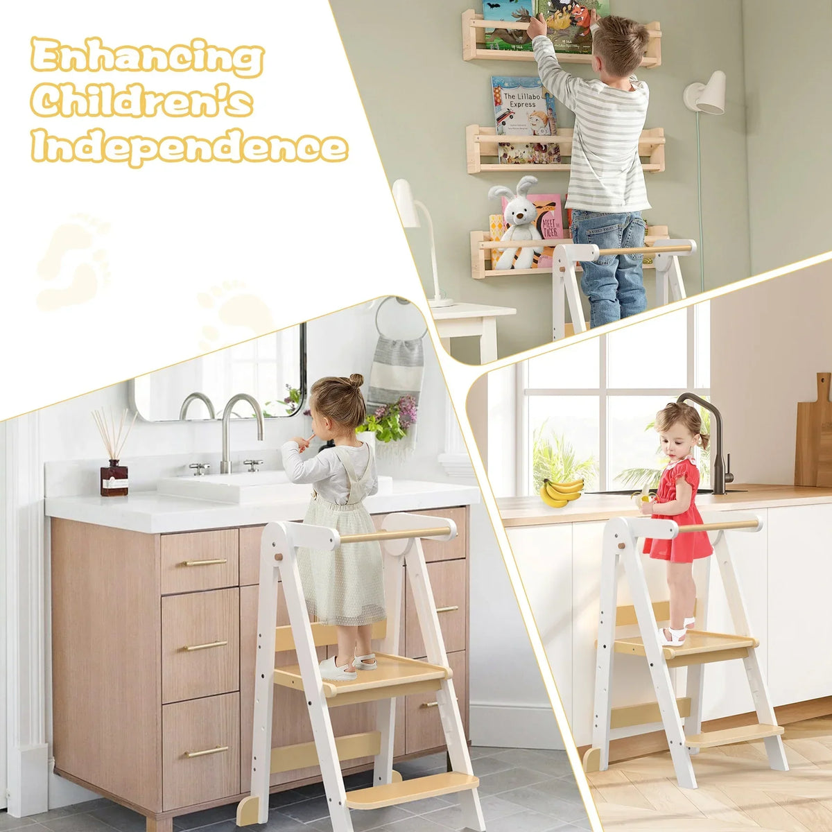 2026 NewJOZ Kitchen Toddlers Step Stool, Montessori Kids Learning Stool, Foldable Toddler Tower for Counter, Standing Helper for Children, 3 Adjustable Heights, Wooden, White