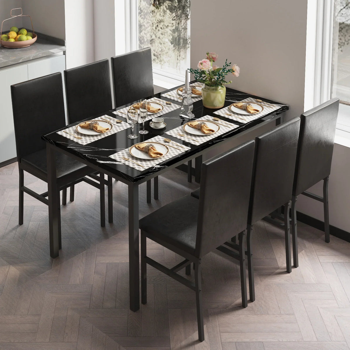 2026 NewDining Table with 6 High-back Upholstered Chairs, Modern Dinette Set, Dining Table and Chairs Set for 6 Persons, Small Home Kitchen Dining Table Set, Ideal for Apartment Breakfast Nook Bar, B1470