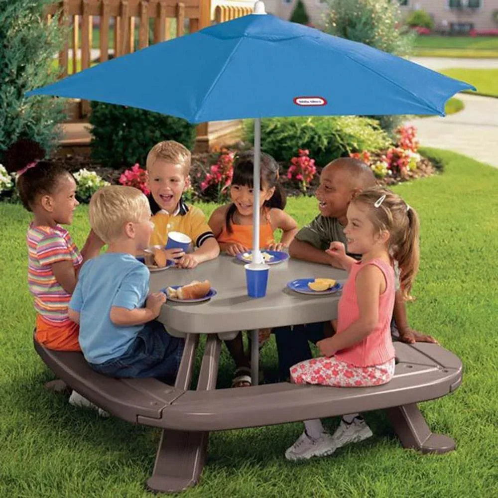 2026 NewLittle Tikes Outdoor Fold 'N Store Kids Picnic Table Toy with Market Umbrella, Multi-Color, Ages 2+