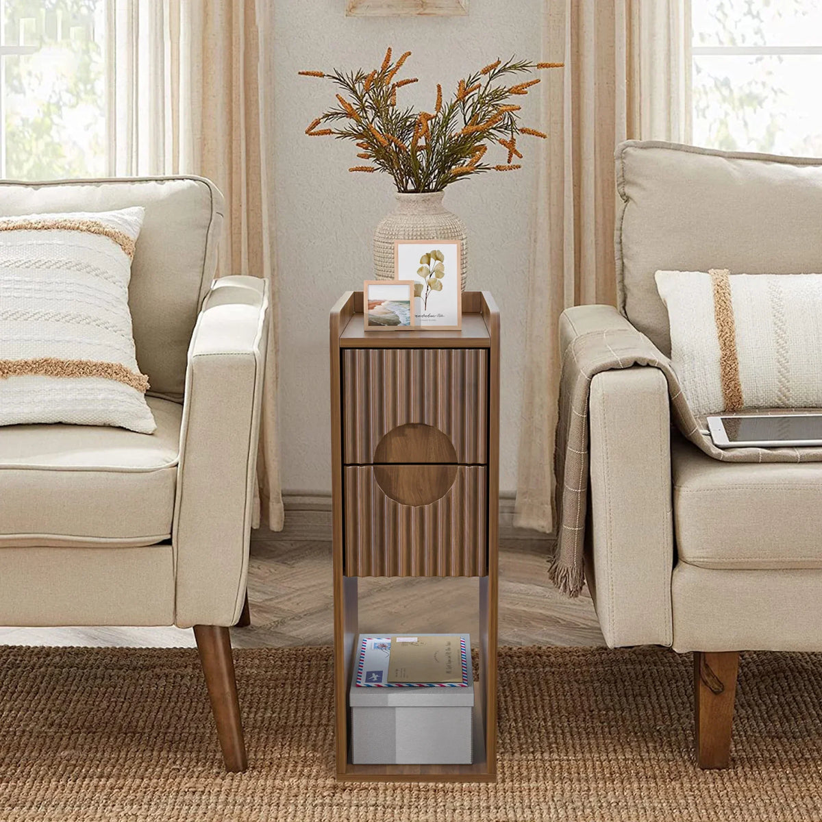2026 NewNarrow Nightstand Set of 2 with Drawers, Fluted Slim Side End Table with Storage for Small Spaces