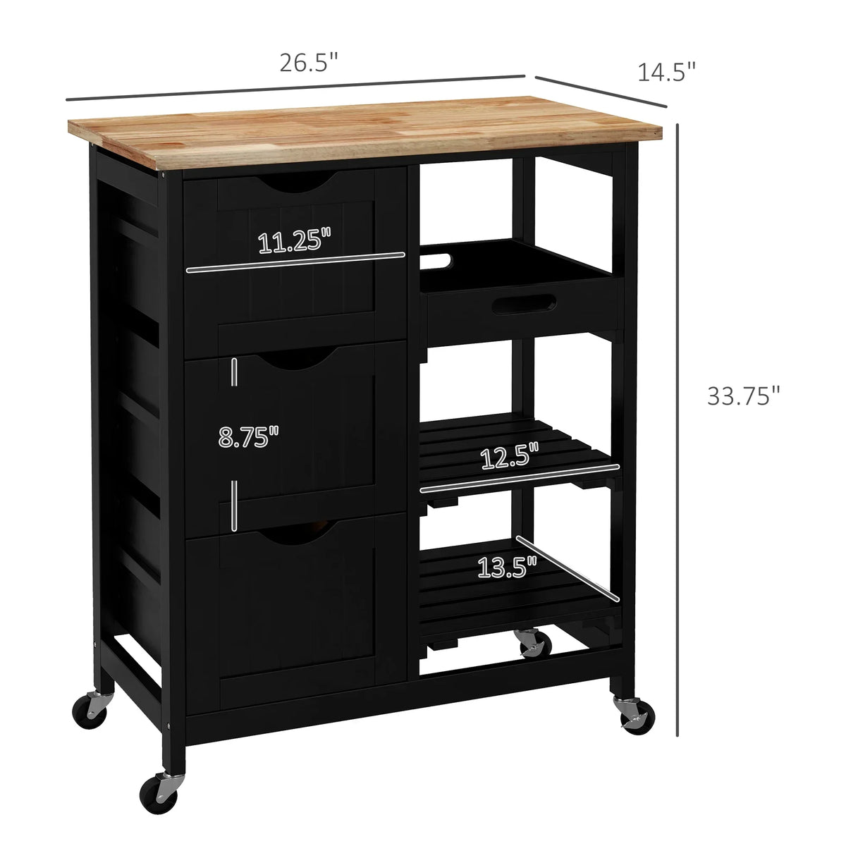 2026 NewHOMCOM Rolling Kitchen Island Cart, Bar Serving Cart, Compact Trolley on Wheels with Wood Top, Shelves & Drawers for Home Dining Area, Grey
