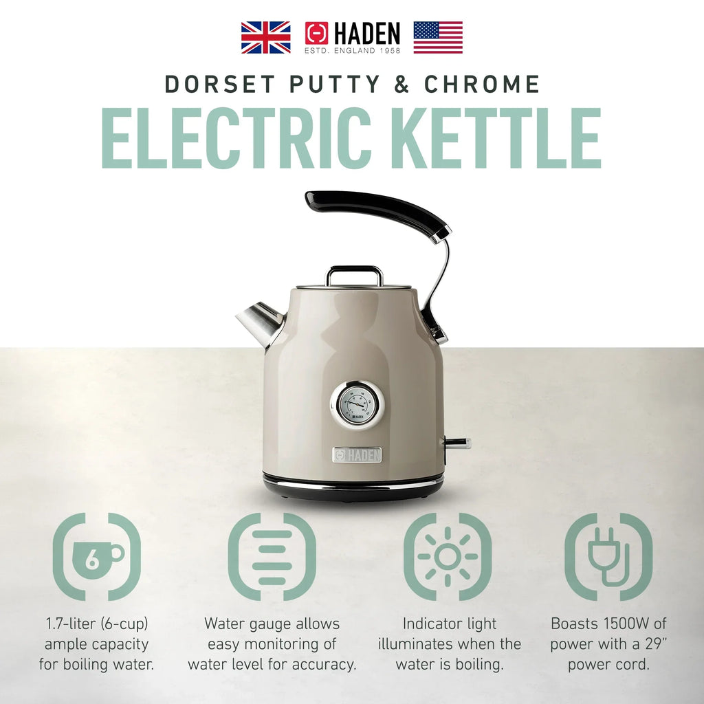 2026 NewHaden Dorset 1.7 Liter Electric Water Kettle with Base, Putty & Chrome