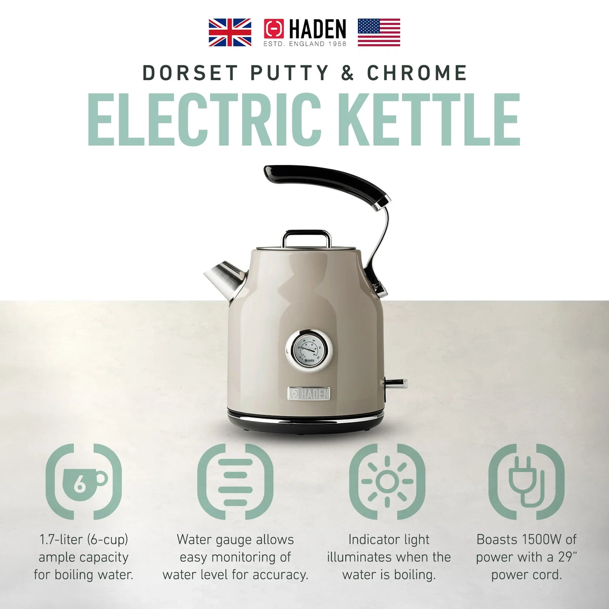 2026 NewHaden Dorset 1.7 Liter Electric Water Kettle with Base, Putty & Chrome