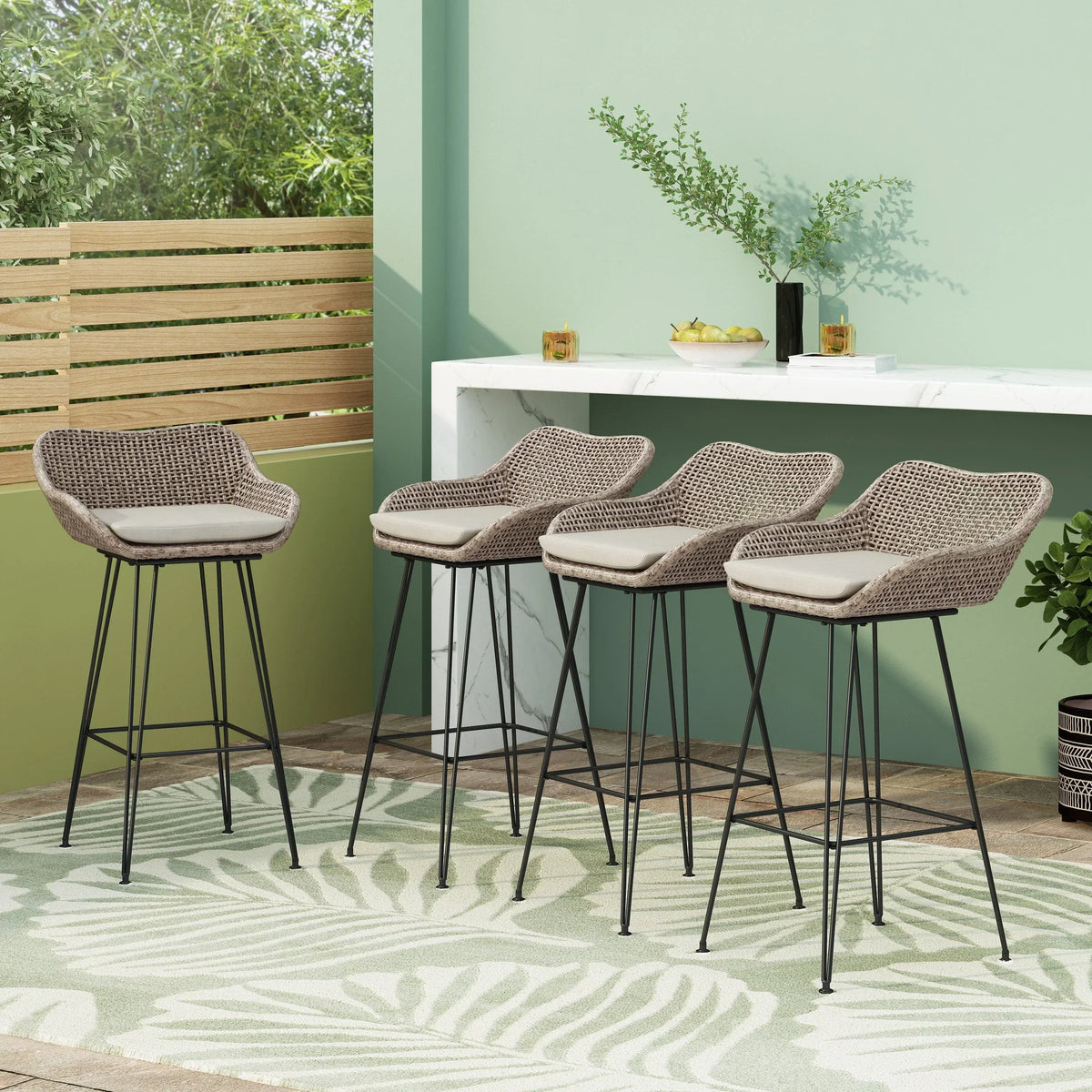 2026 NewVerano Wicker and Metal Outdoor Barstools with Cushion, Set of 4, Mixed Brown and Beige