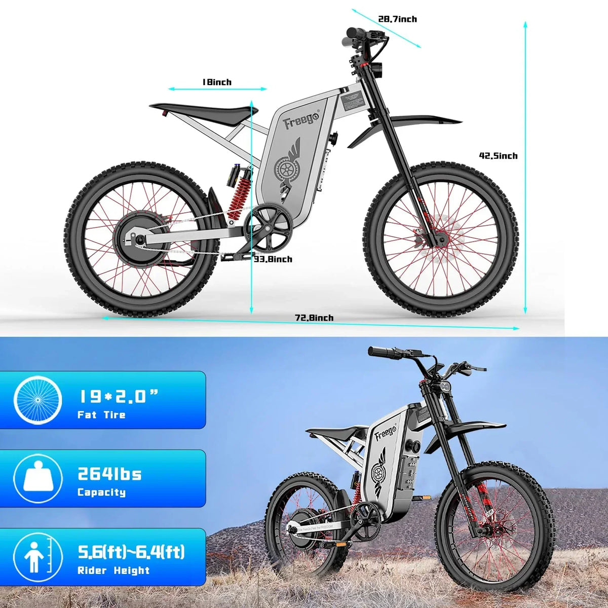 2026 New50MPH Electric Dirt Bicycle Freego X2 Pro,6000W(Peak)Motor Electric Motorcycle, Electric Bike for Adults, 60V30AH Battery, 19x2 Tire Full Suspension Hydraulic Brake Half Throttle UL2849