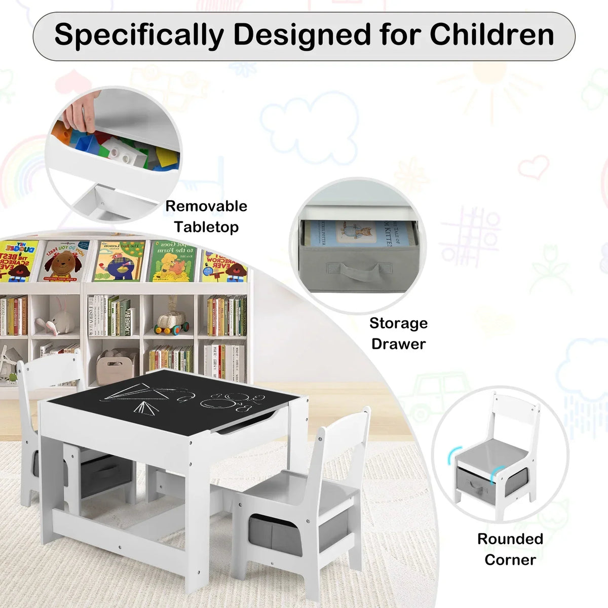 2026 NewLINLUX Kids Table and 2 Chairs Set, Children Activity Table Chairs with Chalkboard/Whiteboard, Grey