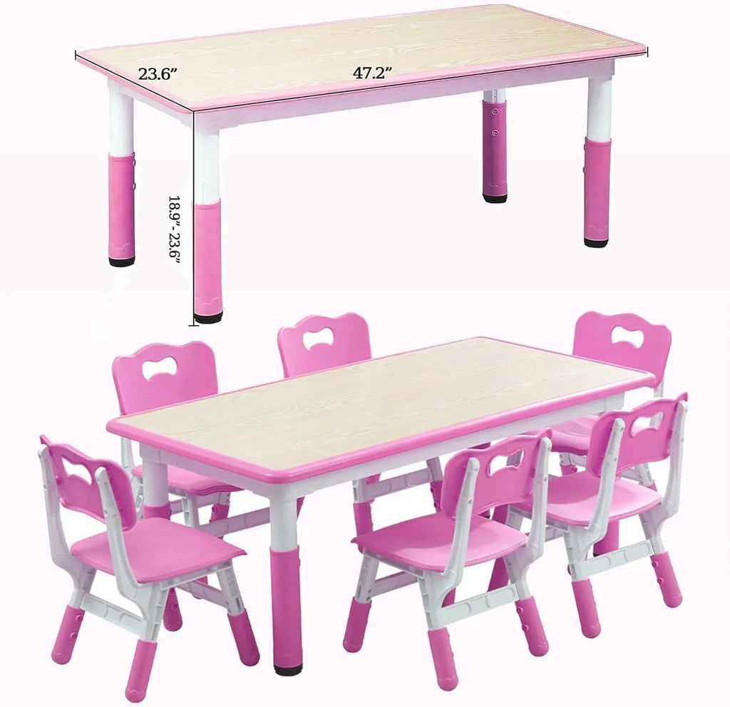 2026 NewTROPOW Kids Table and Chairs,Height Adjustable Toddler Table and 6 Chair,Multi-Activity Table with Graffiti Desktop Non-Slip Legs for Ages 2-10,Children Activity Table for Daycare,Classroom,Blue