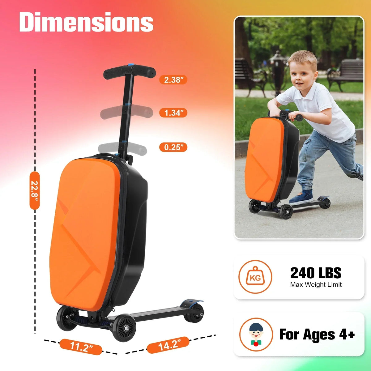 2026 NewAdvwin Scooter Luggage for Kids & Adults, Hardside Ride on Suitcase for Kids Ages 4-15 Multifunctional Lightweight Foldable Carry on Luggage with Wheels Ride on for Children Teenagers, Pink