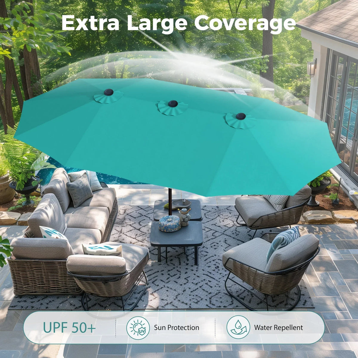 2026 NewAlpha Joy 15ft Outdoor Patio Umbrella Extra-Large Double-Sided Garden Umbrella with Crank Handle and Base - Smoky Gray