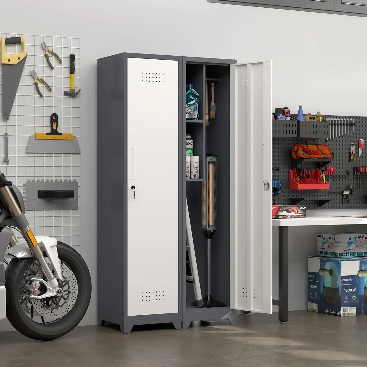 2026 NewMarcree Slim Broom Storage Cabinet, Metal Cabinet with Shelves and Hanging Rod, 65" Utility Storage Cabinet with Locking Door, Tall Cleaning Storage Cabinet for Kitchen, Pantry, Office, Shop, Garage