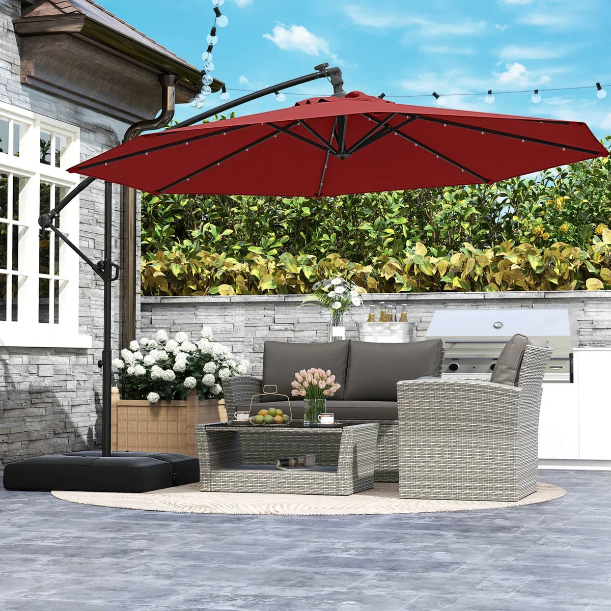 2026 NewCostway 10 FT Solar Offset Hanging Umbrella Patio Cantilever Umbrella with 32 LED Lights Brown