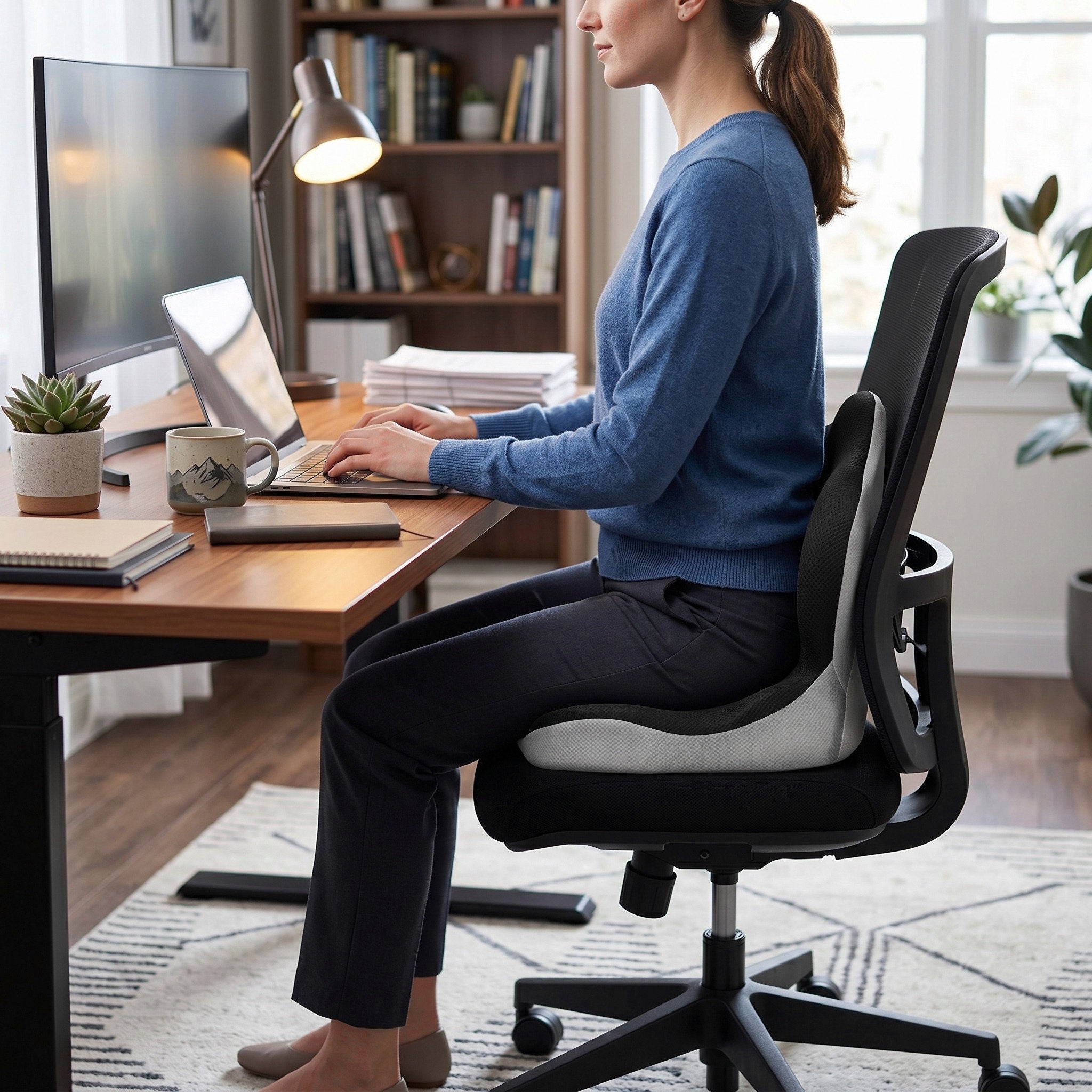 Ergonomisch 2-in-1 traagschuim zit- en rugkussen voor bureaustoel, zwart en wit