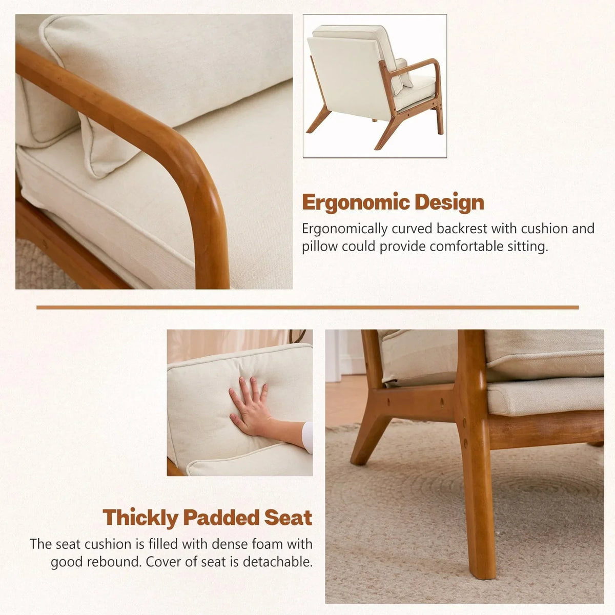 2026 NewAccent Chairs, Single Linen Lounge Reading Armchair with Solid Wood Frame, Mid Century Modern Easy Assembly Arm Chairs for Living Room-Beige