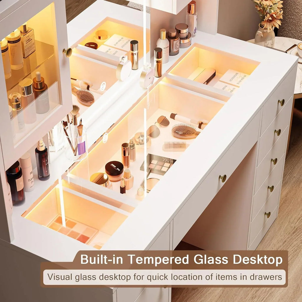 2026 NewiPormis Vanity Desk with Mirror and Lights, Glass Top Makeup Vanity with RGB Light and Charging Station for Girls, White