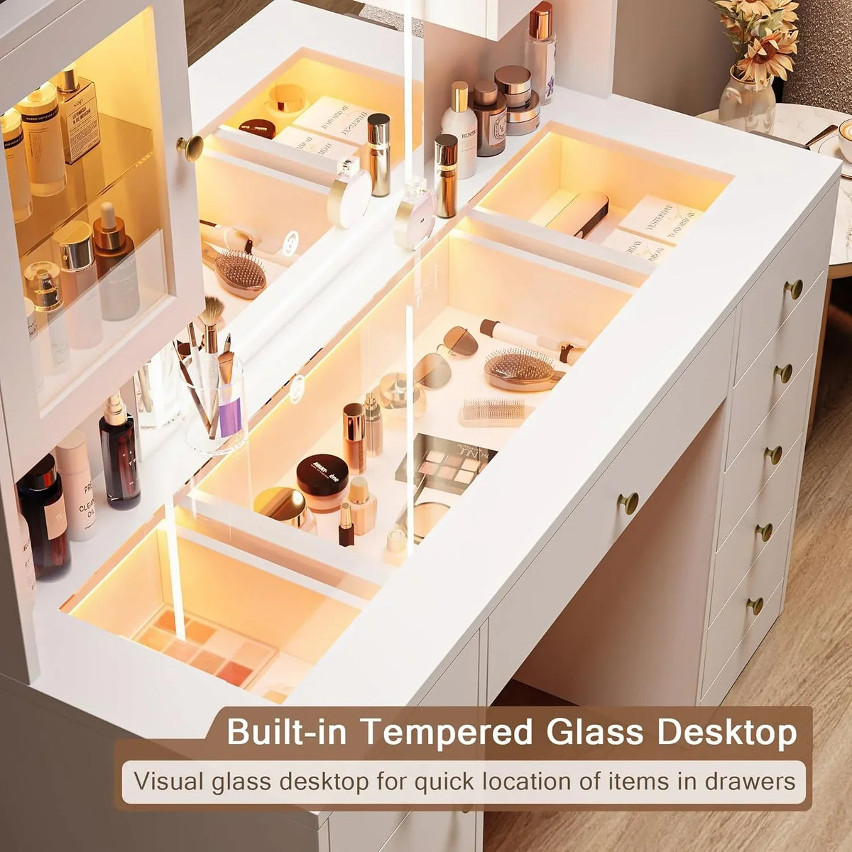 2026 NewiPormis Vanity Desk with Mirror and Lights, Glass Top Makeup Vanity with RGB Light and Charging Station for Girls, White