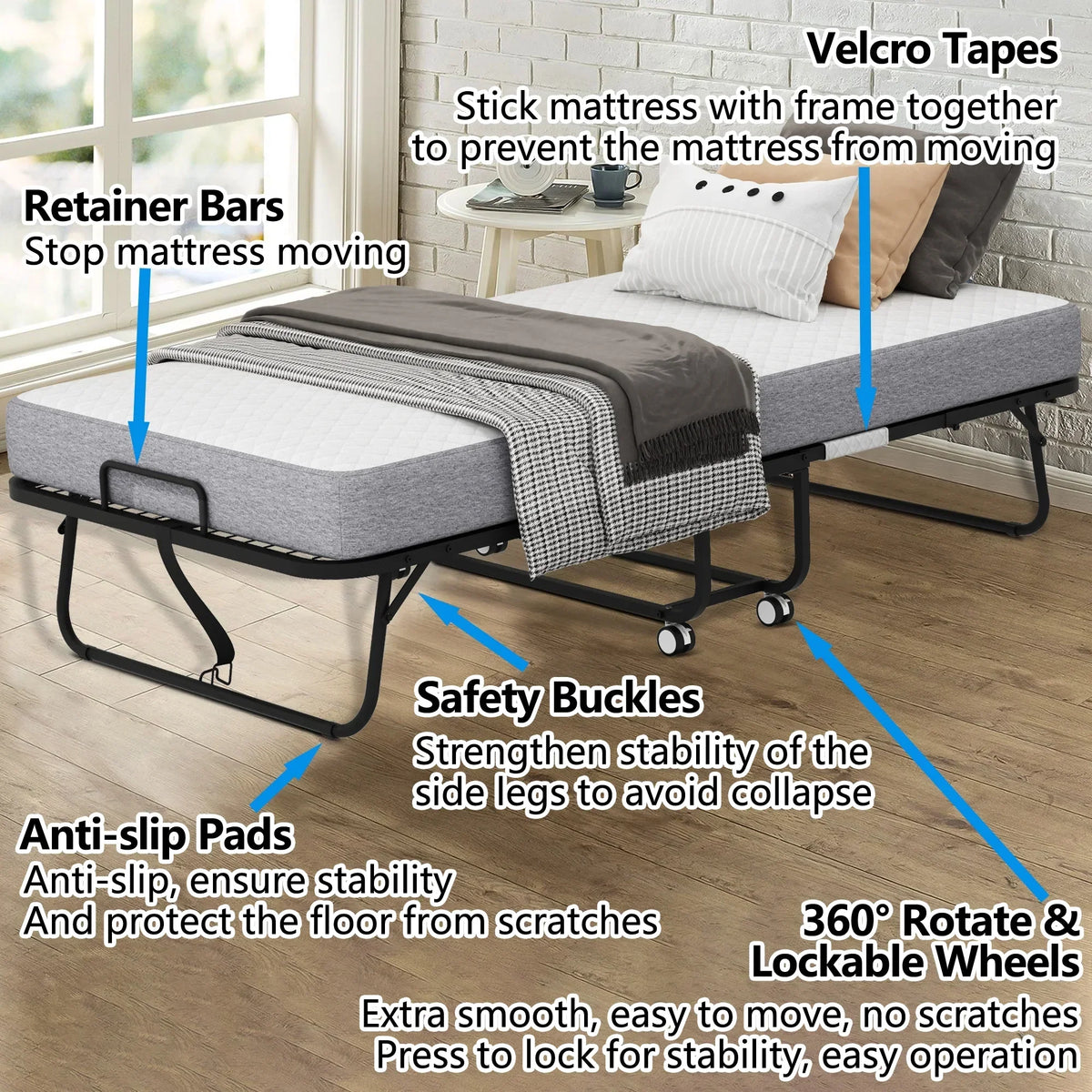 2026 NewFolding Bed with Mattress 75" x 31" Cot Size Folded Bed, Rollaway Guest Bed Portable Foldable Extra Bed for Adults Daybed with 5" Memory Foam Mattress Space-Saving Sturdy Metal Grid Frame