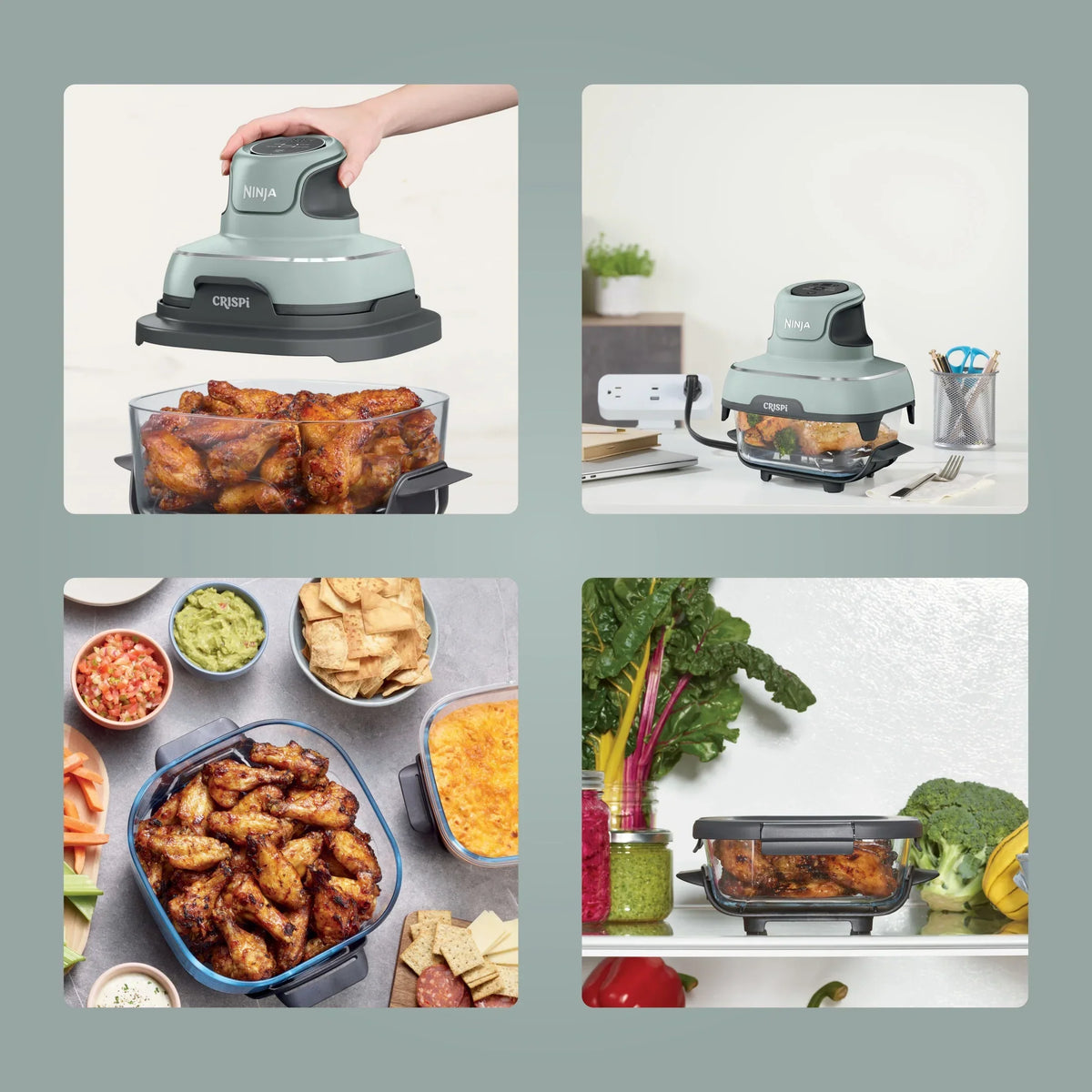2026 NewNinja Crispi 4-in-1 Portable Glass Air Fryer Cooking System, 4-Qt & 6-Cup Containers, Cyberspace