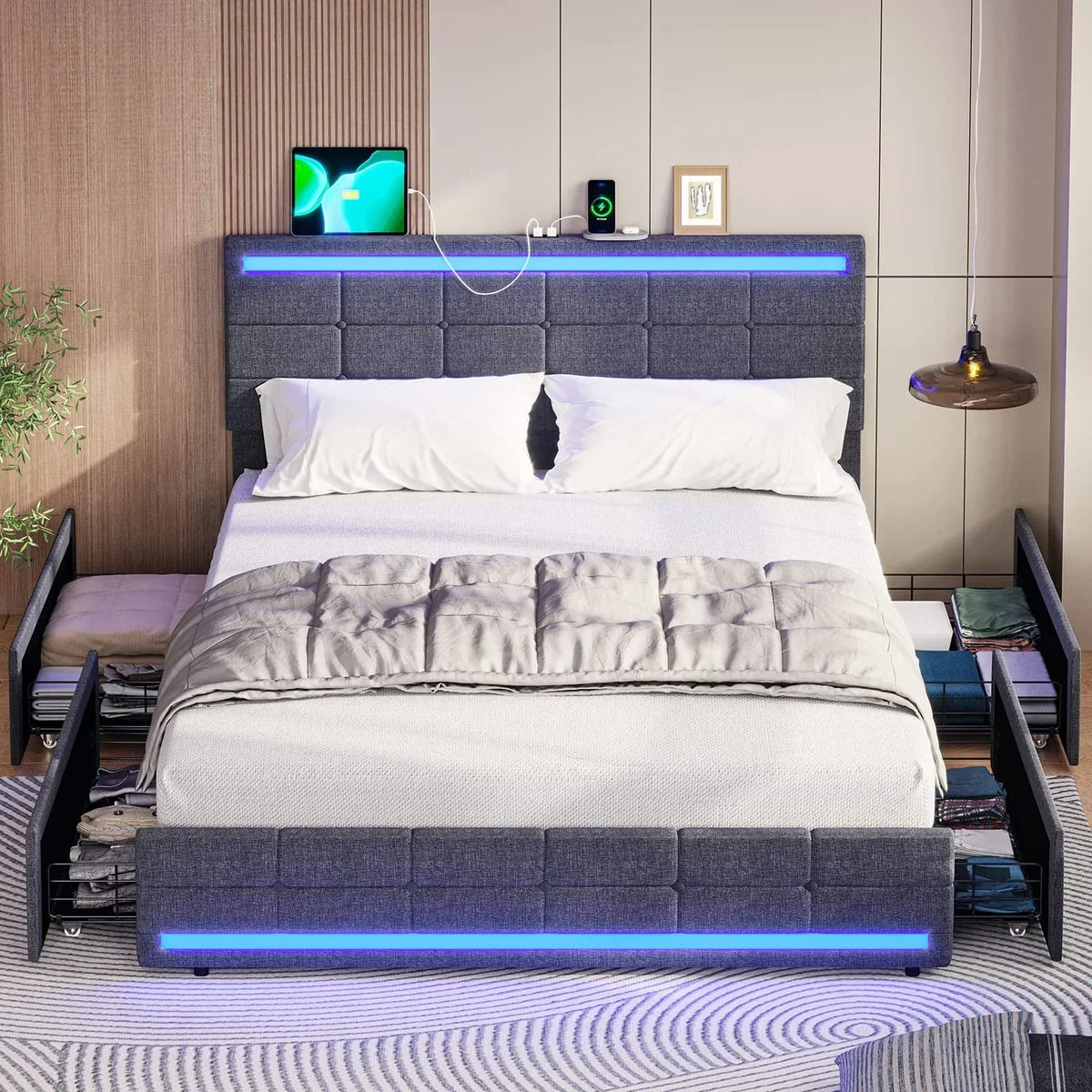 2026 NewFull Size Bed Frame with 4 Storage Drawers, Platform Bed Frame with 2 USB Ports, Upholstered Bed with LED Headboard Footboard, Square Stitched Button Tufted Design, Dark Grey