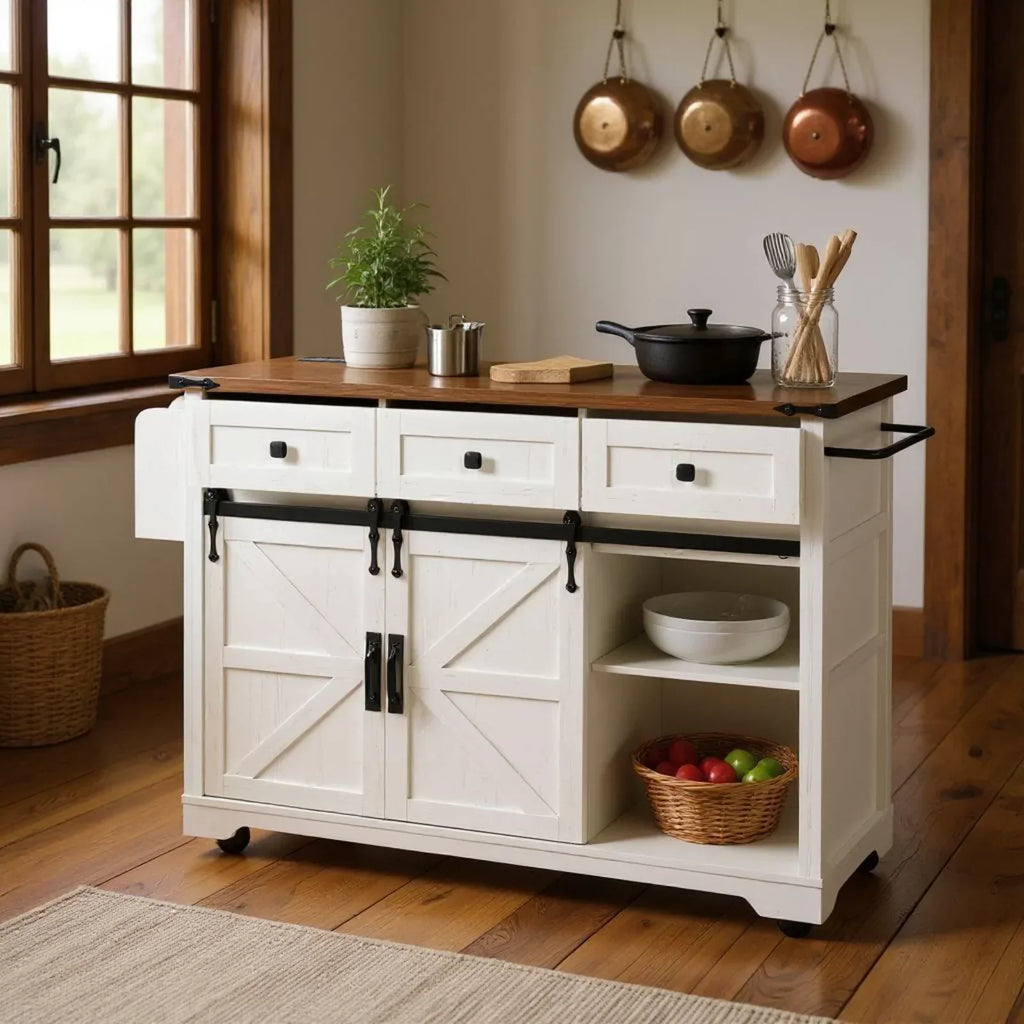 2026 NewHomy Casa Farmhouse 53.7" Kitchen Island with Storage Cabinet, Sliding Barn Doors, and Wheels, White Oak