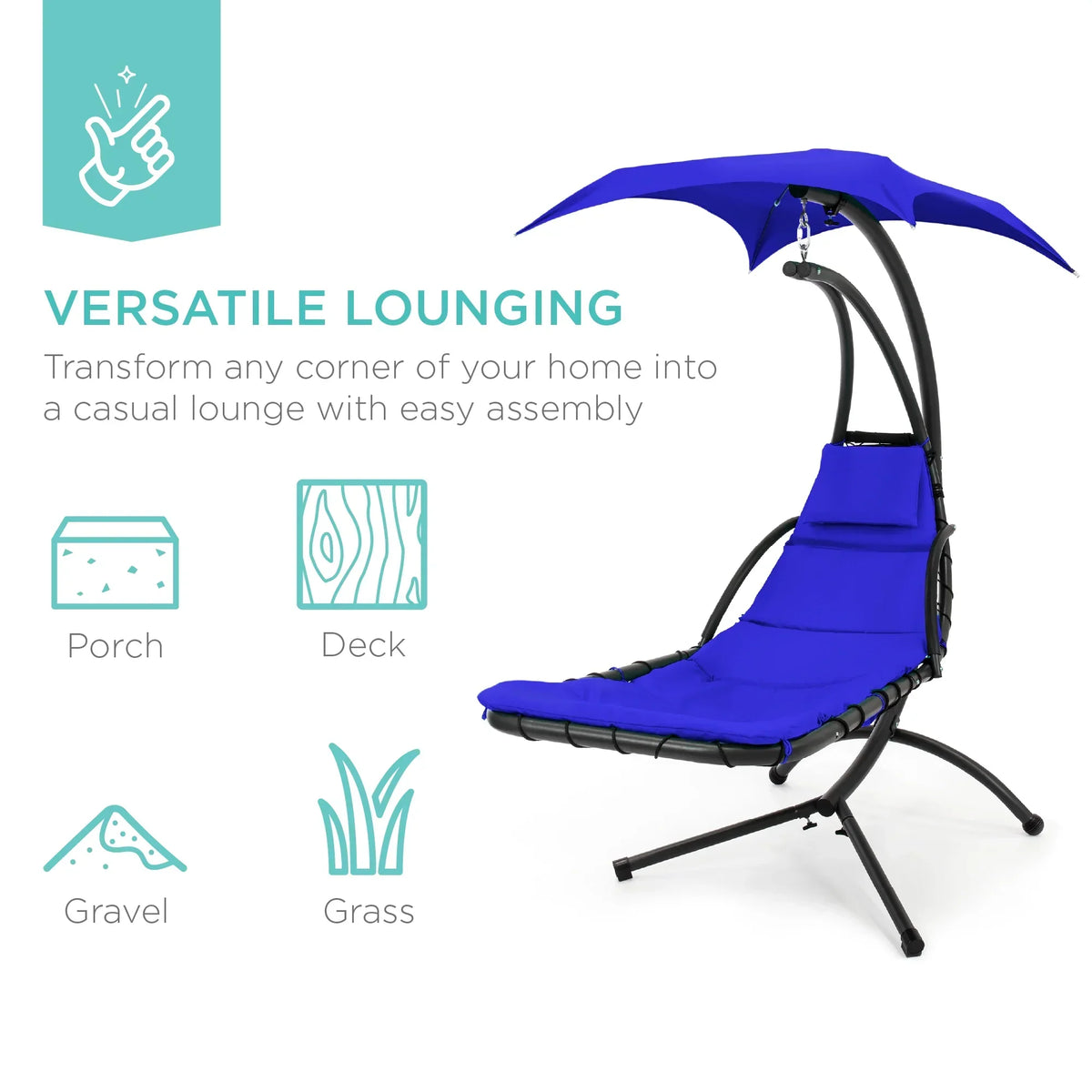 2026 NewBest Choice Products Hanging Curved Chaise Lounge Chair Swing for Backyard, Patio w/ Pillow, Shade, Stand - Teal