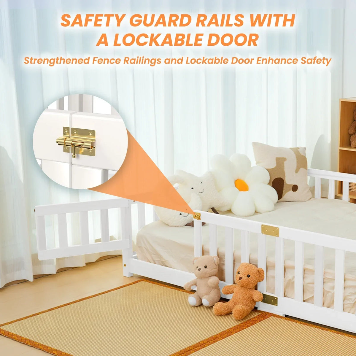 2026 NewSlsy Twin Size Toddler Floor Bed, Solid Wood Montessori Bed Frame with Fence & Door Montessori Floor Bed Crib with Safety Guardrails for Girls and Boys