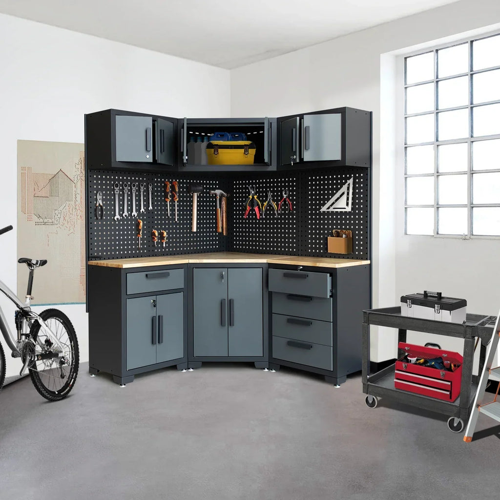 2026 NewHPDMC Garage Storage Cabinet System 7-Pcs Workshop Set Metal Garage Cabinets System with Steel Cabinet Drawers, Workbench, Pegboard for Garage Tool Organization