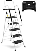 2026 NewHBTower Folding 5-Step Ladder, 330lbs, with Handrails and Tool Tray and Anti-Slip Pedal, White