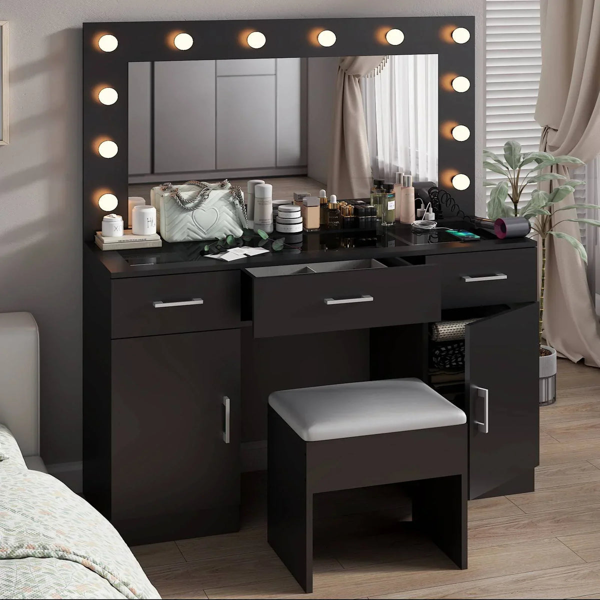 2026 NewKtaxon Large Makeup Vanity, Vanity Table Set w/ Visible Glass Top w/ Charging Station, White