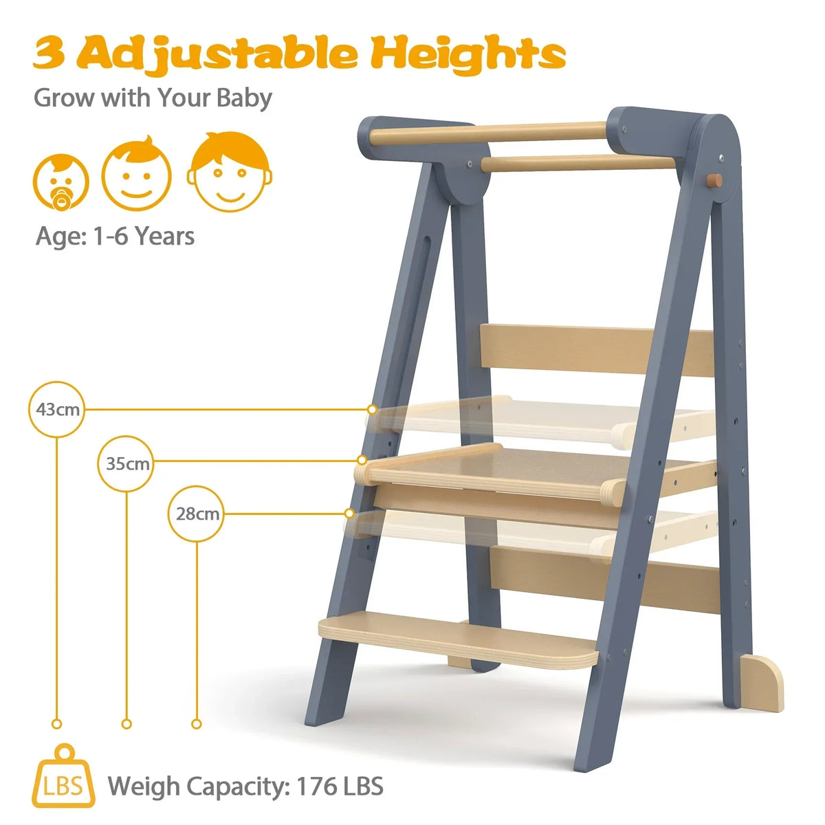 2026 NewJOZ Kitchen Toddlers Step Stool, Montessori Kids Learning Stool, Foldable Toddler Tower for Counter, Standing Helper for Children, 3 Adjustable Heights, Wooden, White