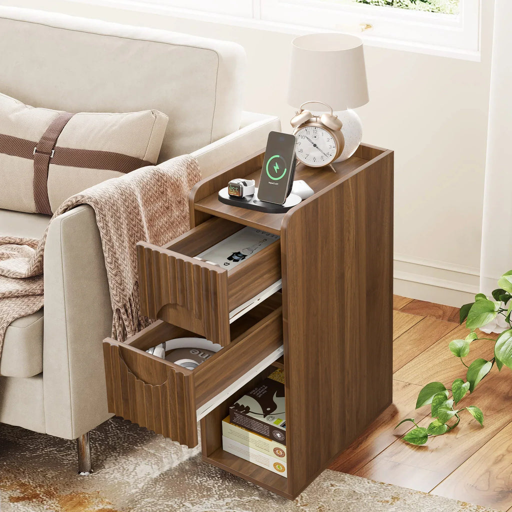 2026 NewNarrow Nightstand Set of 2 with Drawers, Fluted Slim Side End Table with Storage for Small Spaces