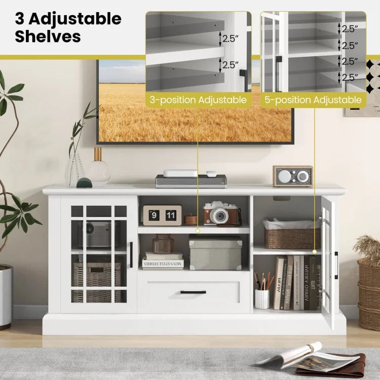 2026 NewTV Stand for TVs up to 70 with Glass Doors Cubbies and Drawer