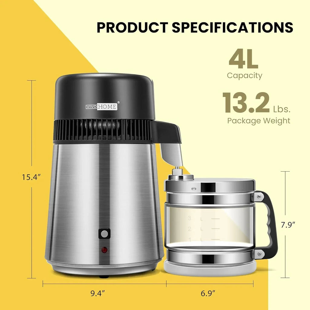 2026 NewSPECSTAR Water Distiller Countertop 1.1 Gallon/4L 304 Stainless Steel Distilled Water Machine with Smart Switch Purifier Filter for Home Office