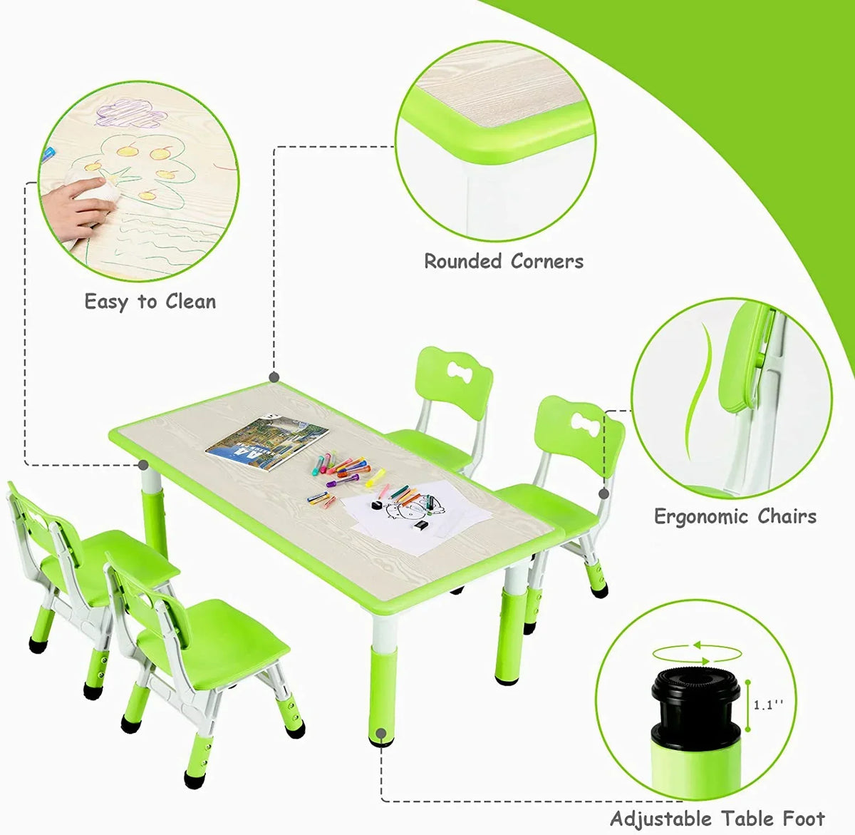 2026 NewLAZY BUDDY Kids Table and 4 Chairs Set, Height Adjustable Toddler Desk with Graffiti Desktop, Kids Activity Table Set for Daycare, Home
