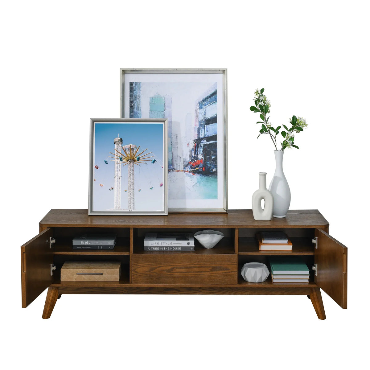2026 NewNoble House Mid-Century Modern Fluted TV Stand for 65" TV, Entertainment Console with Storage, Solid Wood Legs, Walnut