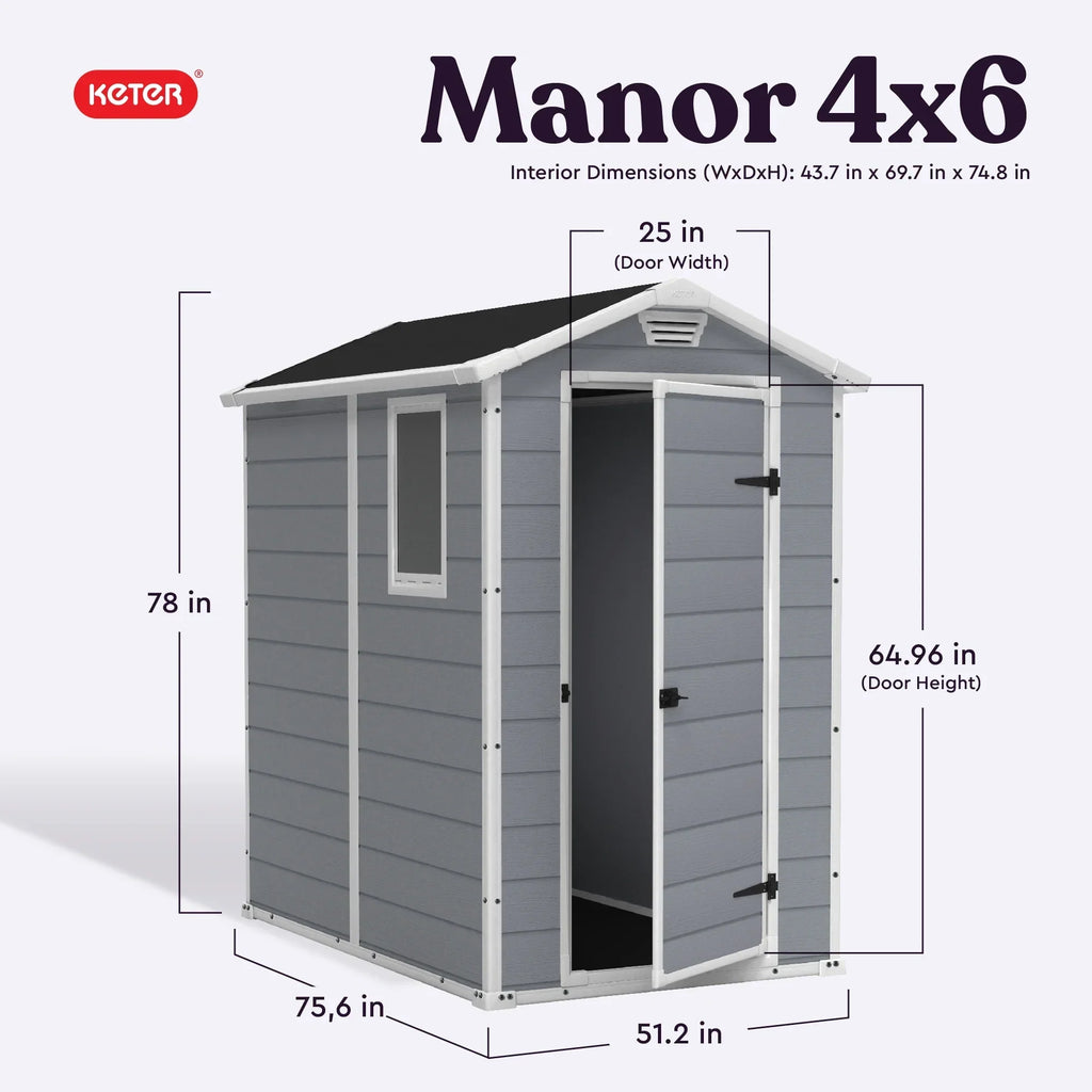 2026 NewKeter 213413 Manor DD 6 X 8 Foot All Weather Outdoor Storage Shed, Grey
