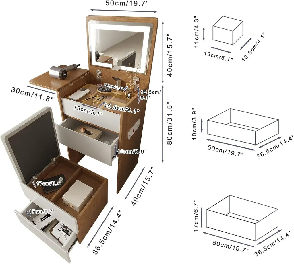 2026 NewVanity Desk with Flip Top Lighted Mirror, Compact Makeup Table with Storage Stool, Integrated Vanity with Drawers, 3-in-1 Vanity Set, Small Dressing Desk for Bedroom