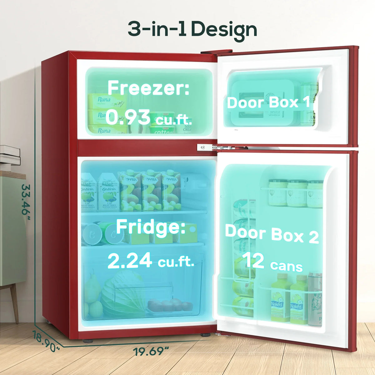 2026 NewAuseo 3.1 Cu.Ft Double Door Mini Fridge with Freezer, Compact Retro Refrigerator for Dorm, Office, Bar, Bedroom, Black