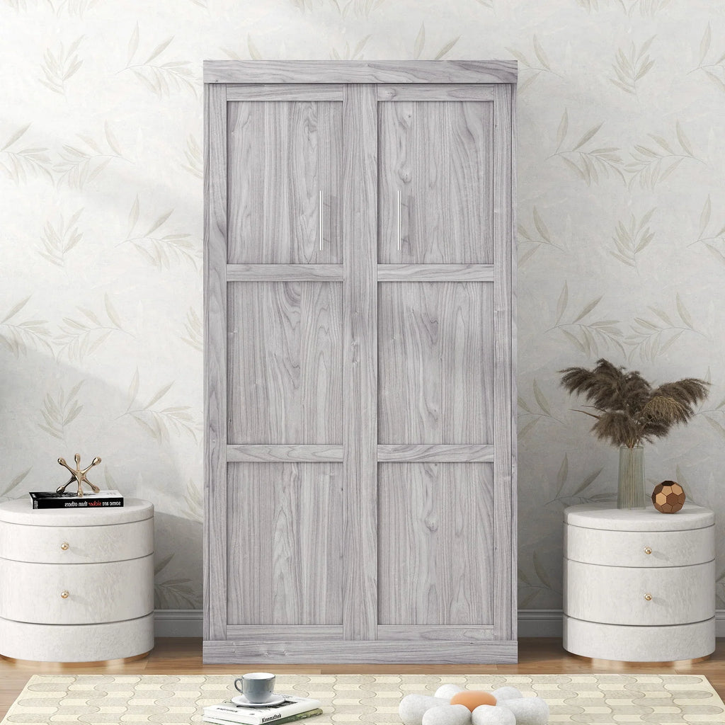 2026 NewEuroco Pine Wood Twin Size Murphy Bed, Convertible Wall Bed into A Cabinet, Gray