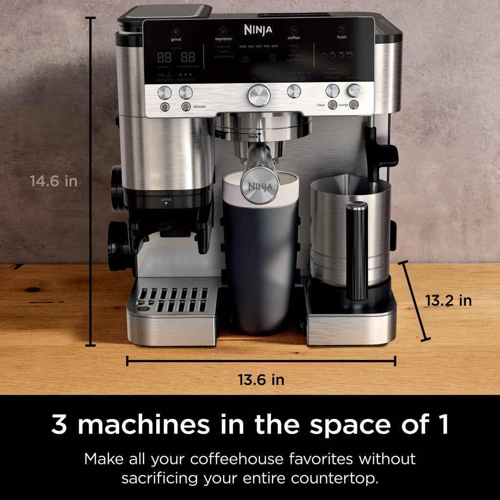 2026 NewNinja Luxe Cafe Premier Series, Stainless Steel Espresso Machine and Drip Coffee Maker with integrated Coffee Grinder and Milk Frother, ES601