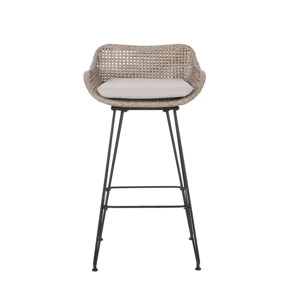 2026 NewVerano Wicker and Metal Outdoor Barstools with Cushion, Set of 4, Mixed Brown and Beige