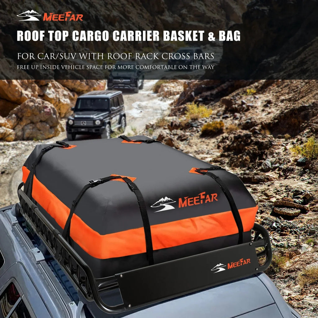 2026 NewMeeFar Universal Rooftop Roof Rack Steel Cargo Carrier Basket Size 51" X 36" X 5" + Soft Shell Waterproof Cargo Bag 15 Cu.ft (44" 34" 17") Combo