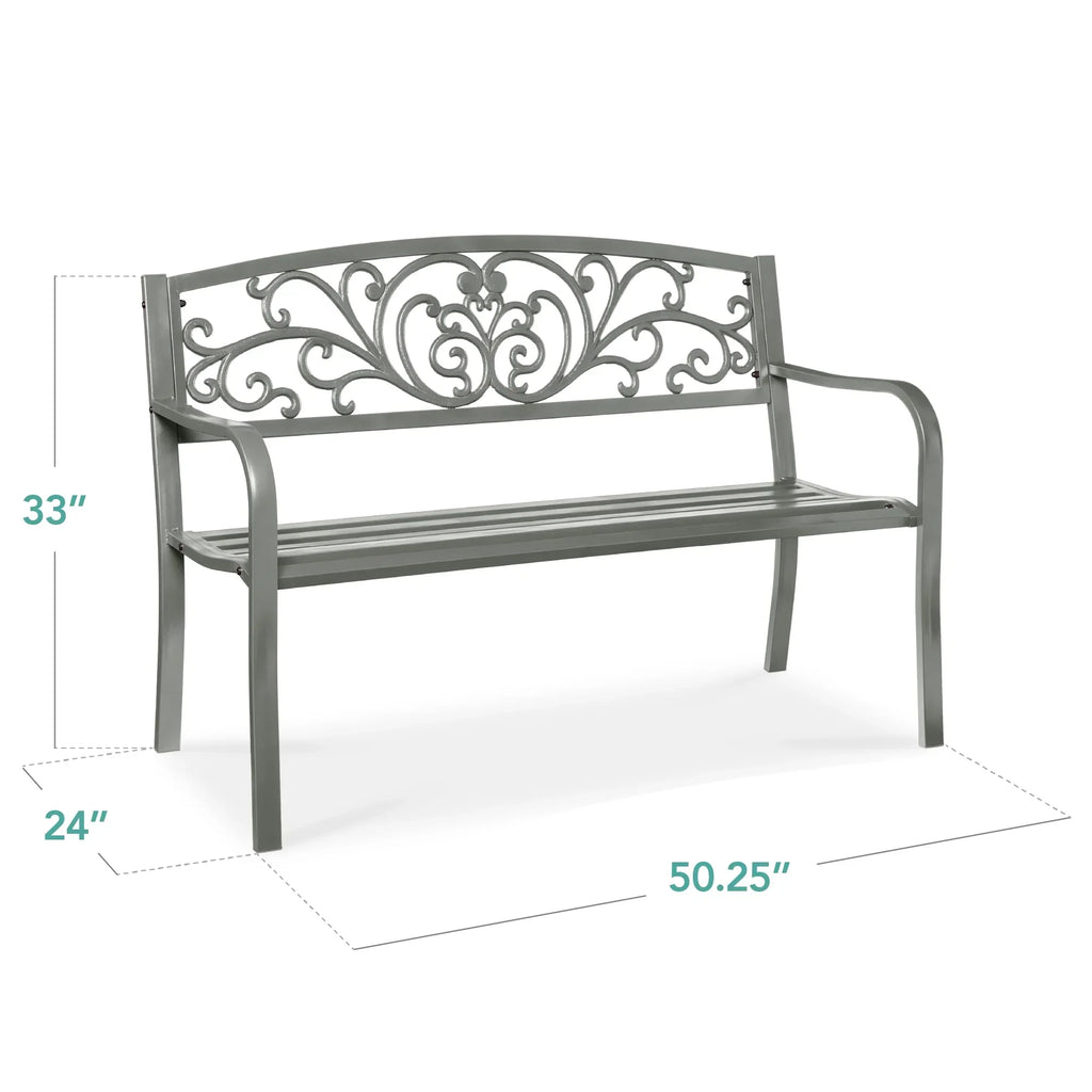 2026 NewBest Choice Products Outdoor Steel Bench Garden Patio Porch Furniture w/ Floral Design Backrest - Black